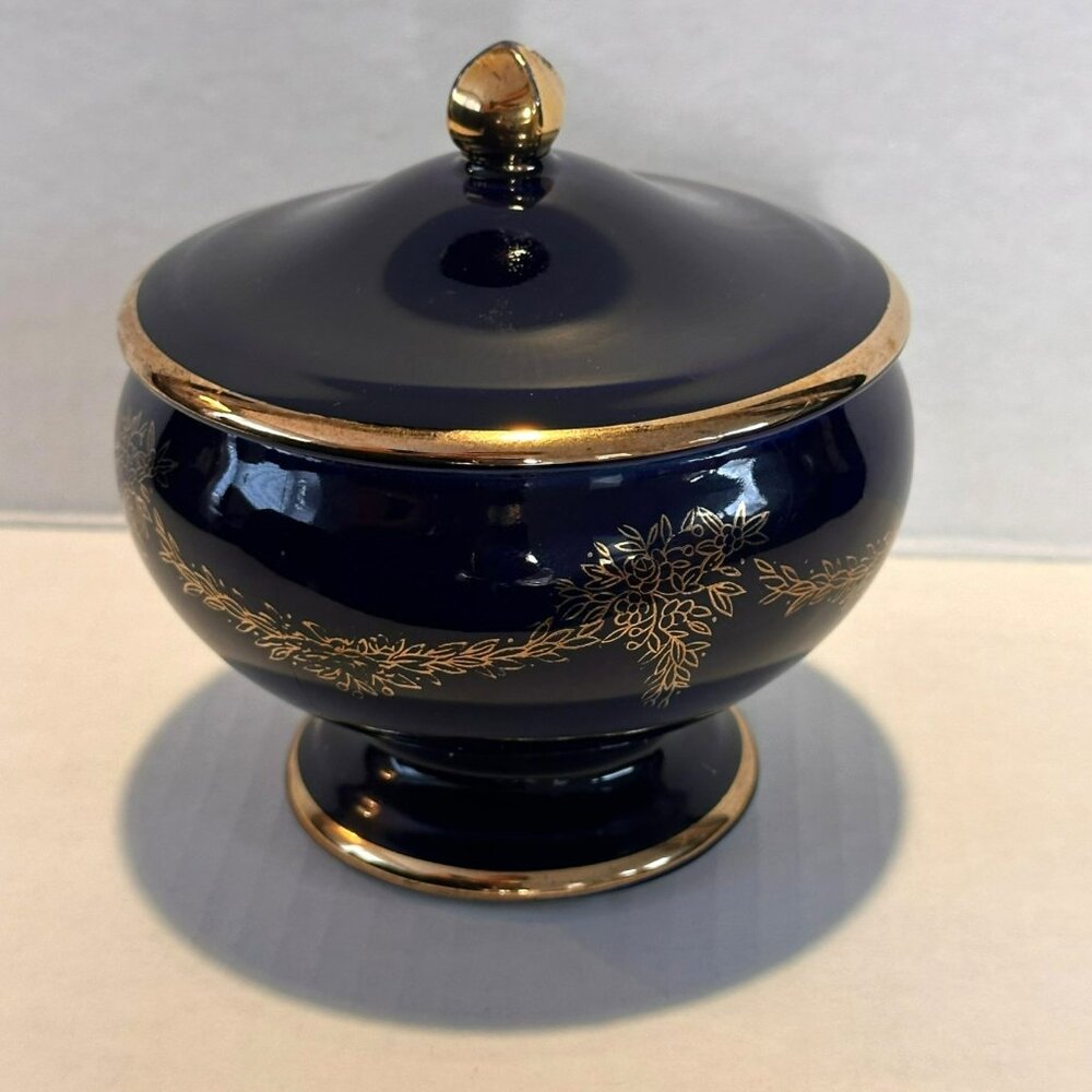 Cobalt Blue & Gold Lidded Porcelain Vanity Dish With Floral Design Made In Japan
